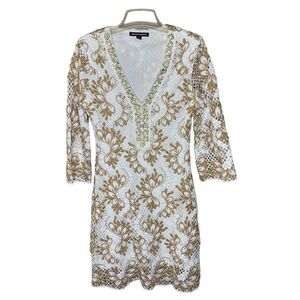 Boston Proper Women's S White/Gold Crochet Peasant Dress Long Sleeve Sz S